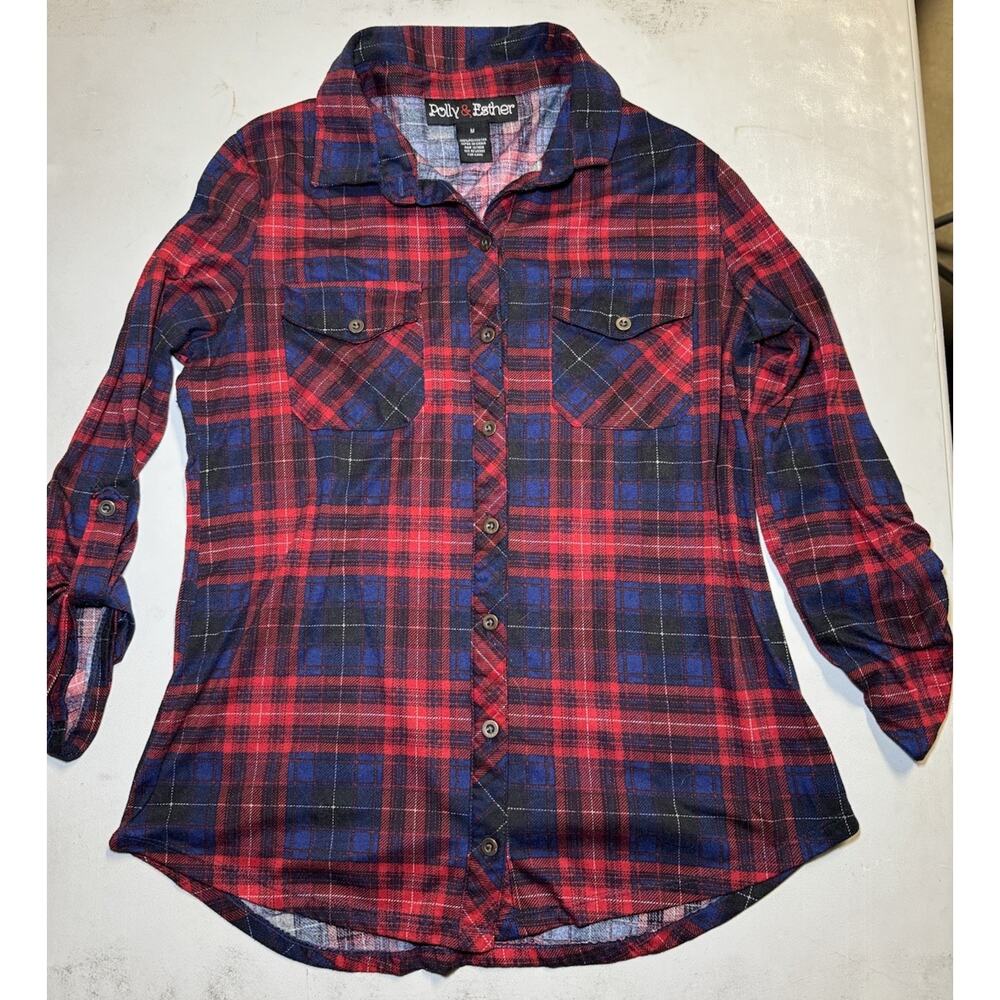 Polly Esther Women's Flannel Plaid Shirt Red and Blue Size M Long Sleeve Used